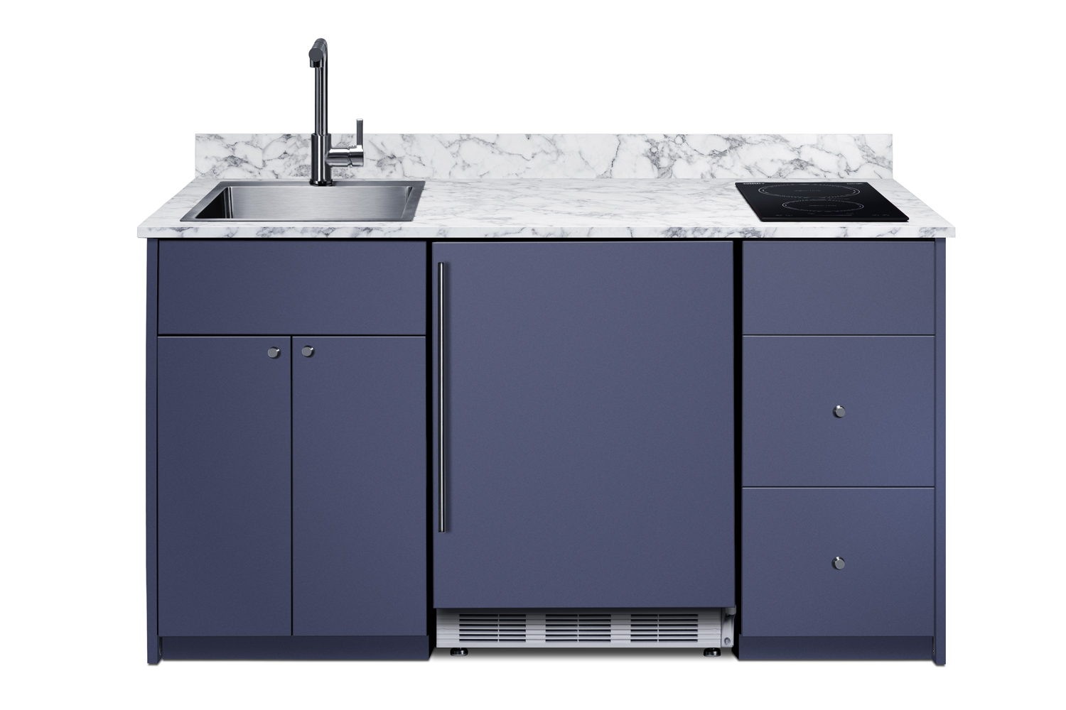 ADA-height Turnkey Caldera Kitchen featuring pre-assembled cabinetry and countertop in a modern midnight navy finish, complete with ENERGY STAR certified refrigerator-freezer, ENERGY STAR certified 115V induction cooktop, storage drawers, and sink with faucet; ships in two boxes on one pallet